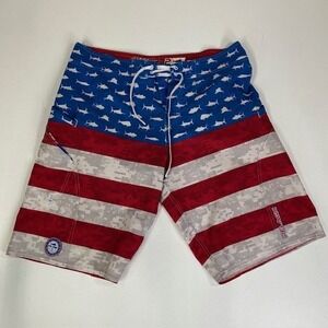 Pelagic Board Shorts American Flag Shark‎ Fishing Swim Trunks Size 34